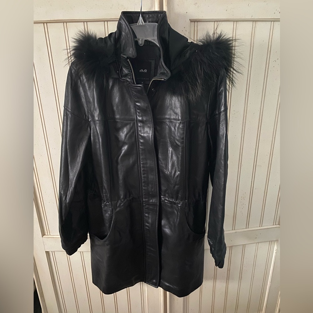Women's Black Fur Trim Buttery soft Leather Anorak Jacket size Med